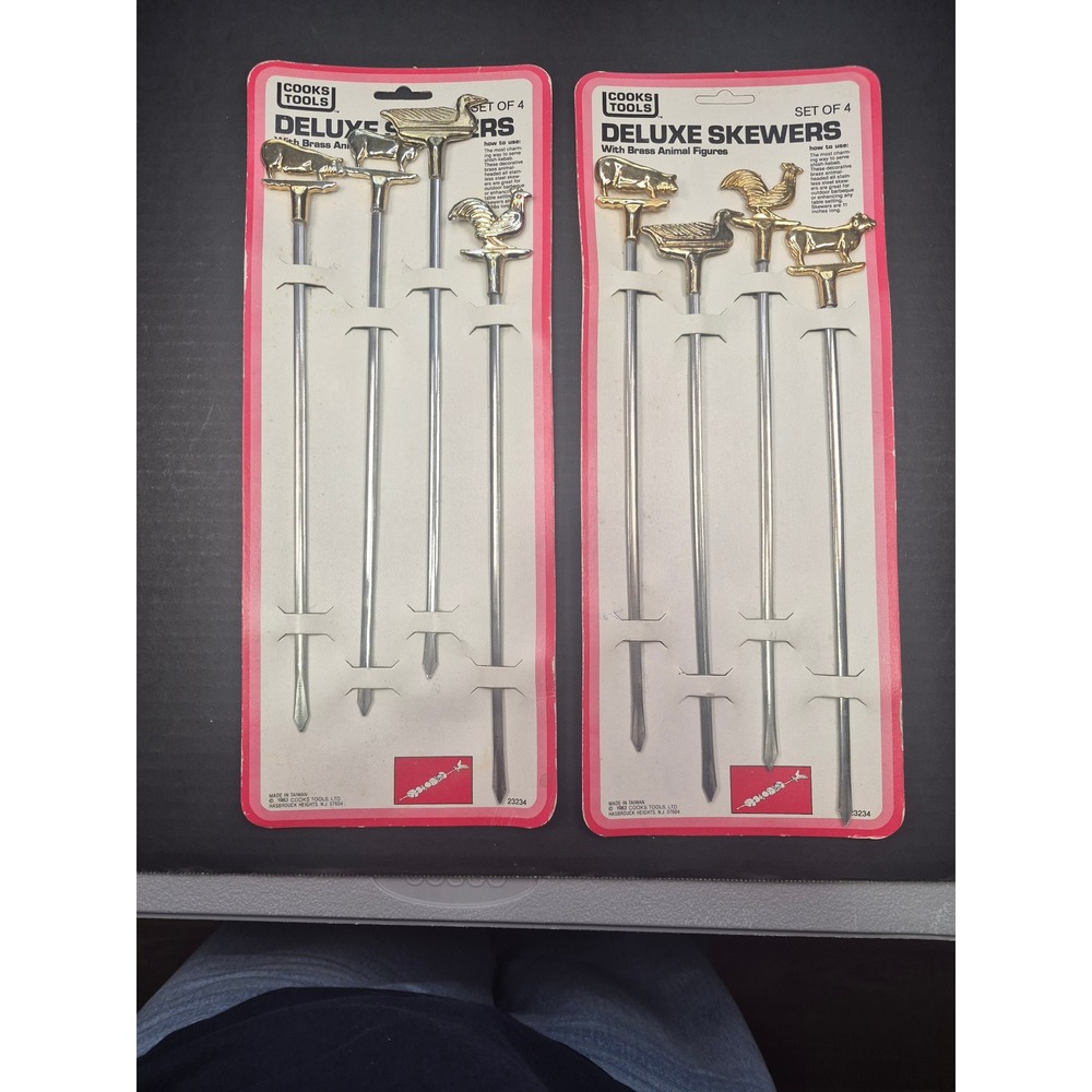 Vintage 1983 Cooks Tools Deluxe Skewers Brass Animal Figures 2 Sets of 4 23234